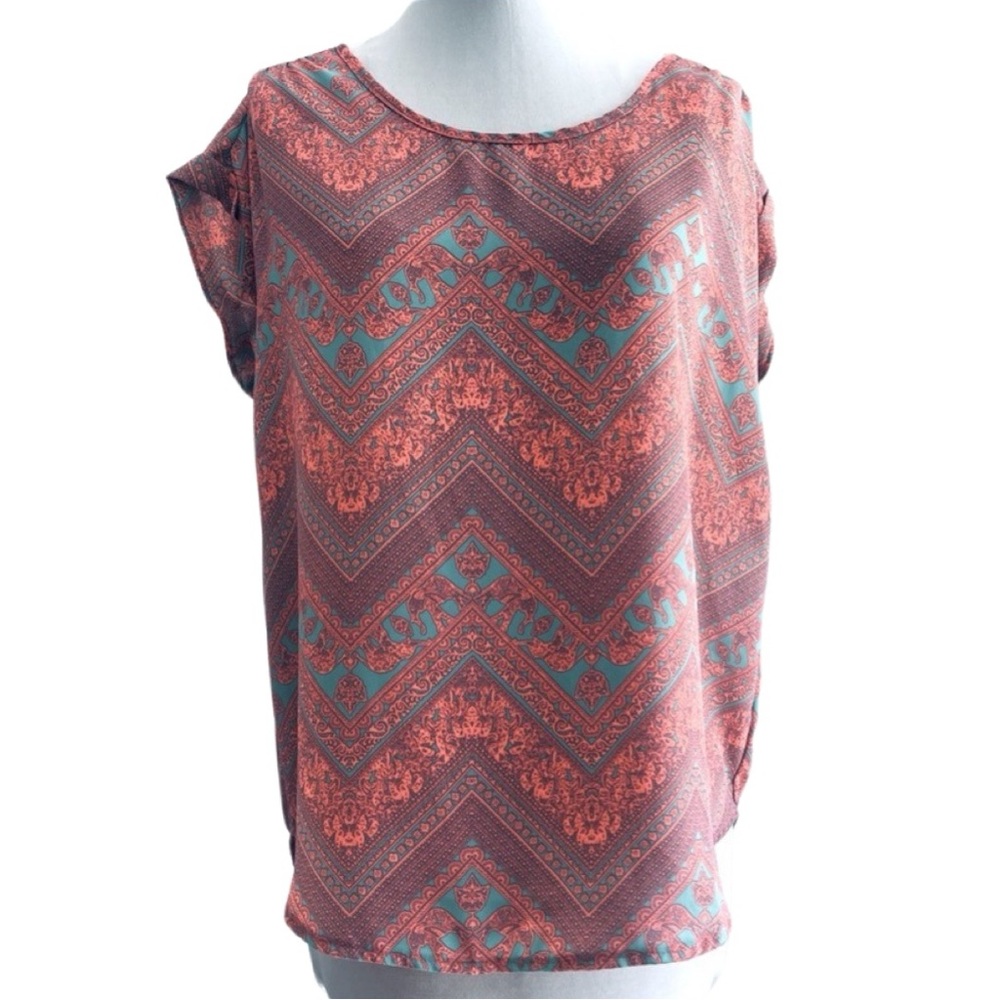 PINK ROSE || Coral Teal Pattern Short Sleeve Blouse || size Large